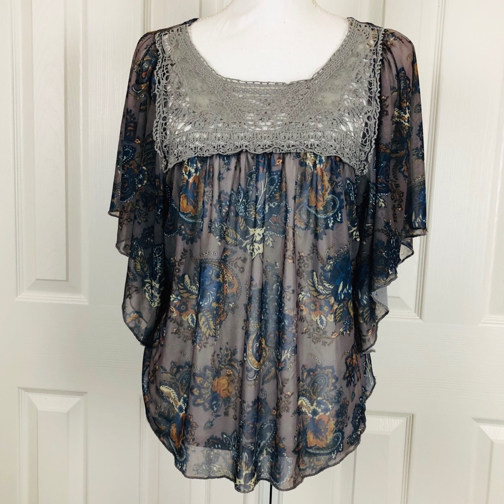 Eyelash couture boho tunic lace top large blue